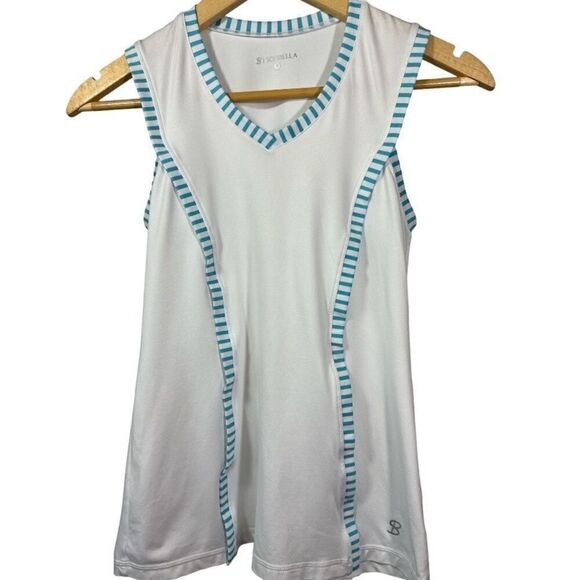 SOFIBELLA Women’s Striped Tennis/Athletic Tank Top White/Blue Size Small - Picture 2 of 7
